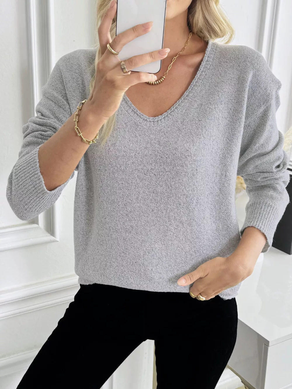 V-Neck Long Sleeve Knit Top, image 9