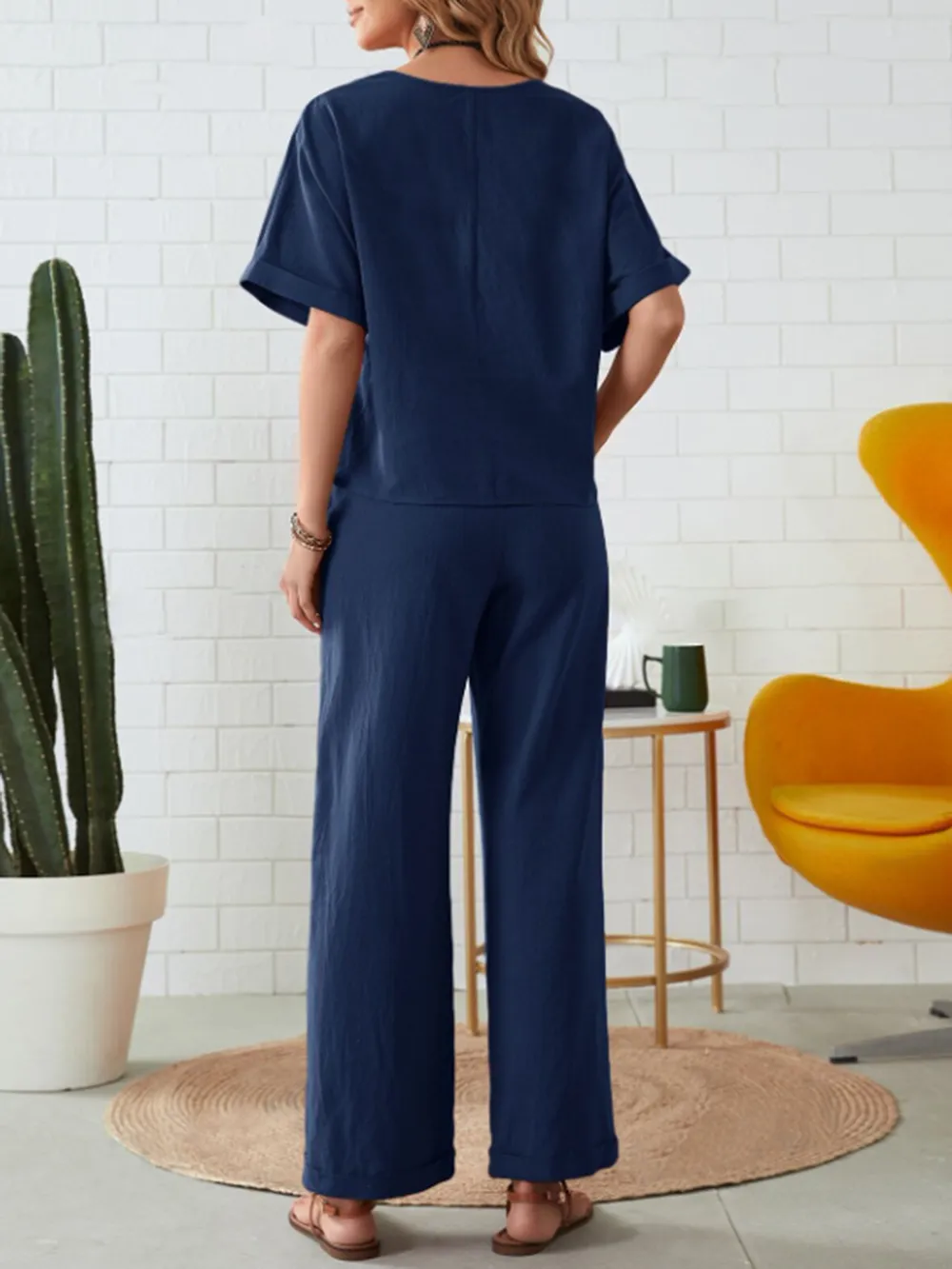 Round Neck Half Sleeve Top and Pocketed Pants Set, image 2