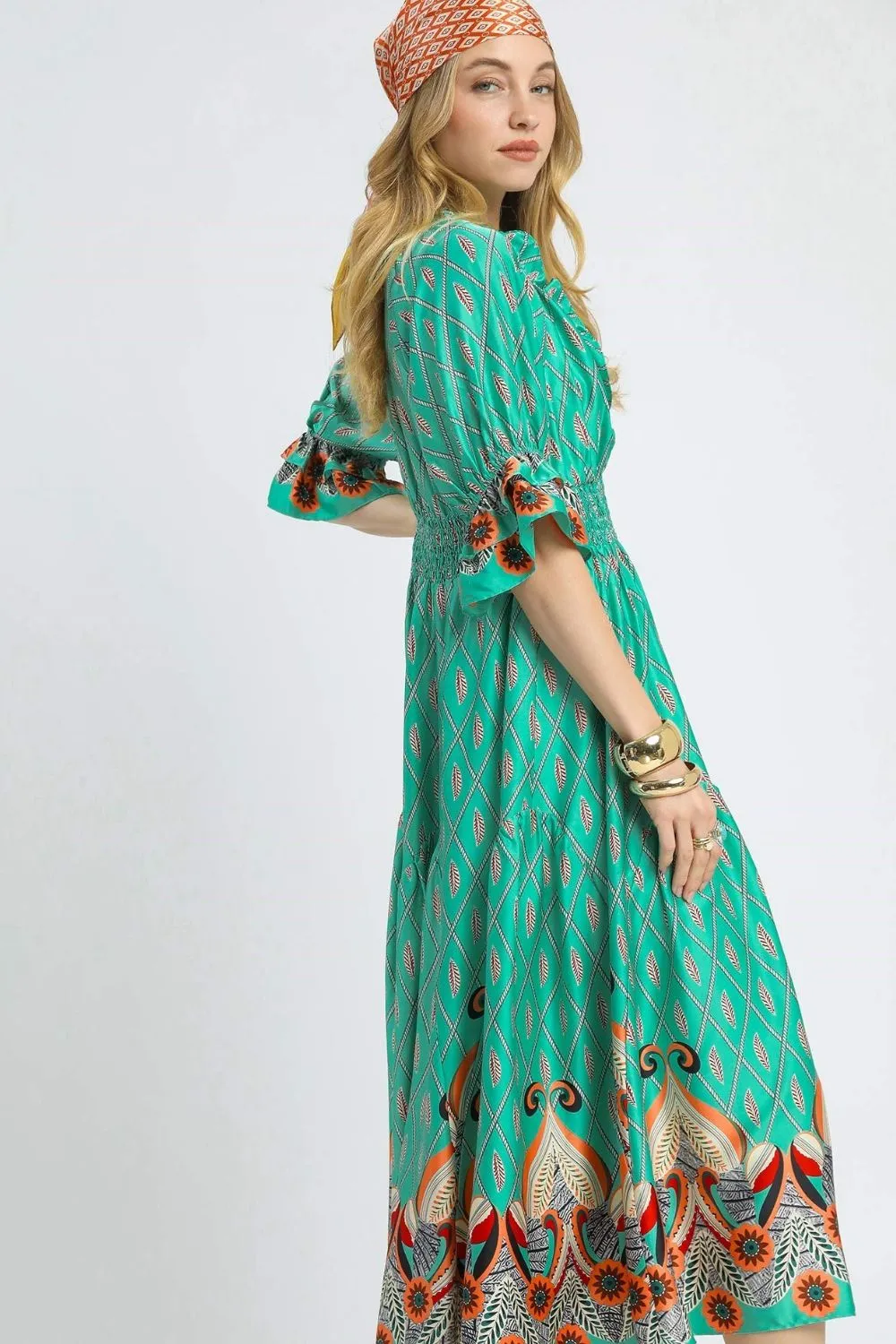 Printed Smocked Waist Flounce Sleeve Midi Dress, image 2
