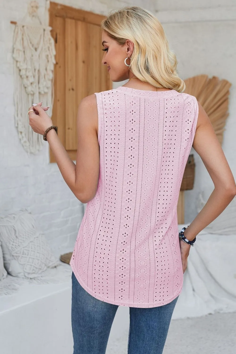 Eyelet Decorative Button V-Neck Tank, image 11