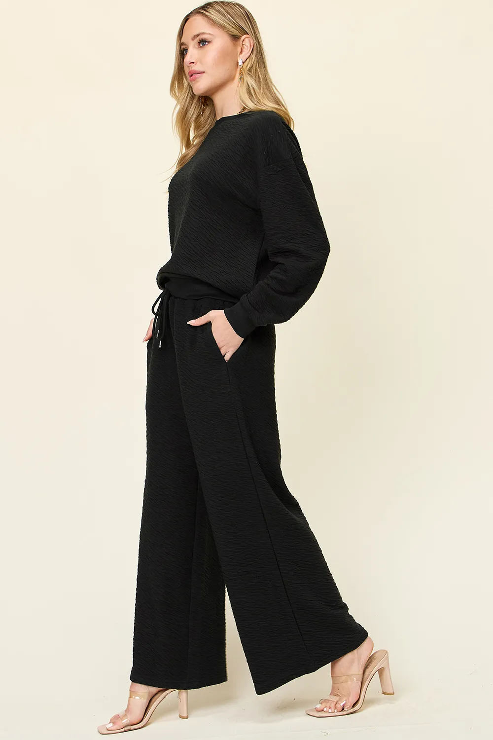 Full Size Texture Long Sleeve Top and Pants Set, image 7