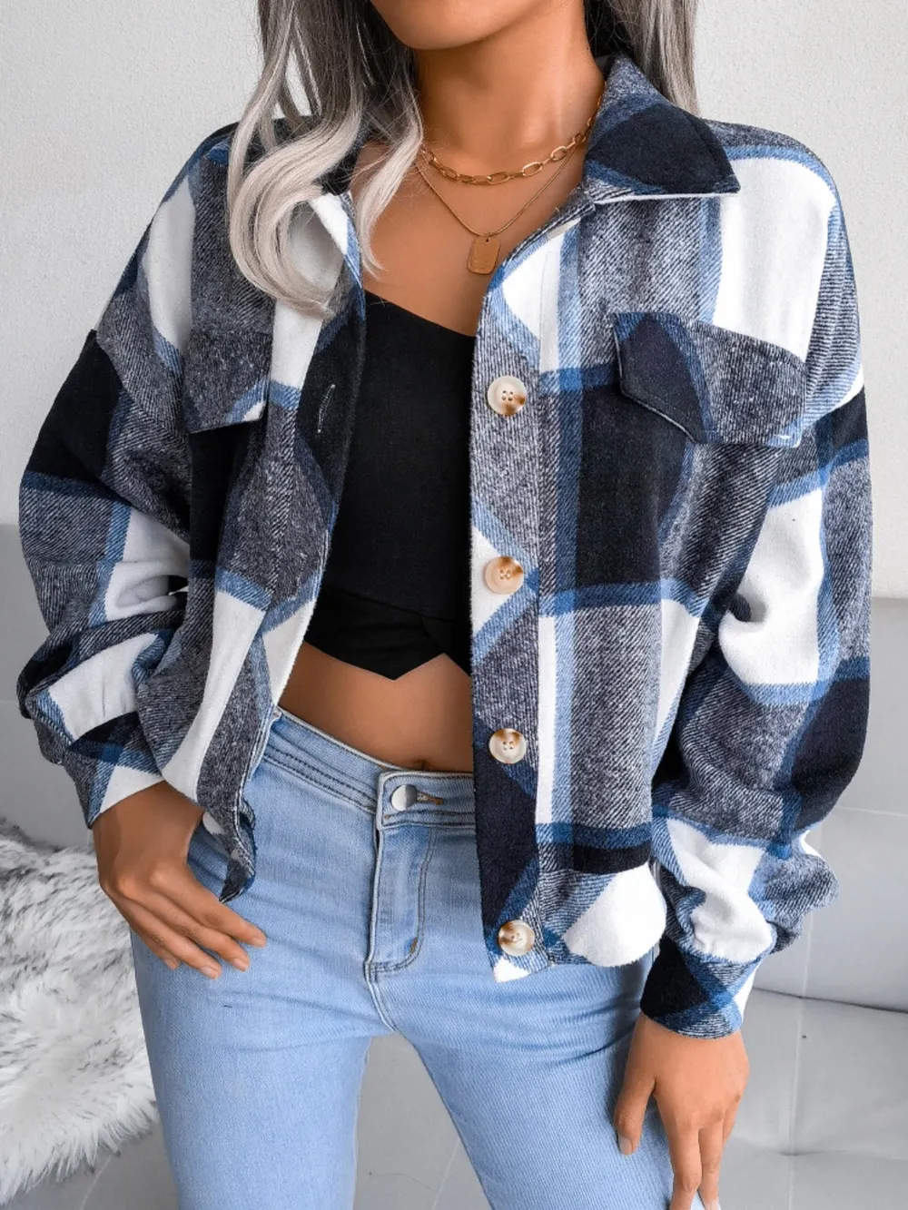 Plaid Collared Neck Long Sleeve Jacket, image 2