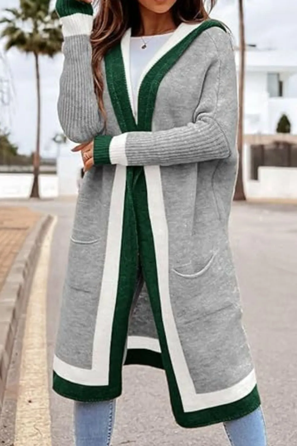 Pocketed Contrast Long Sleeve Hooded Cardigan, image 7