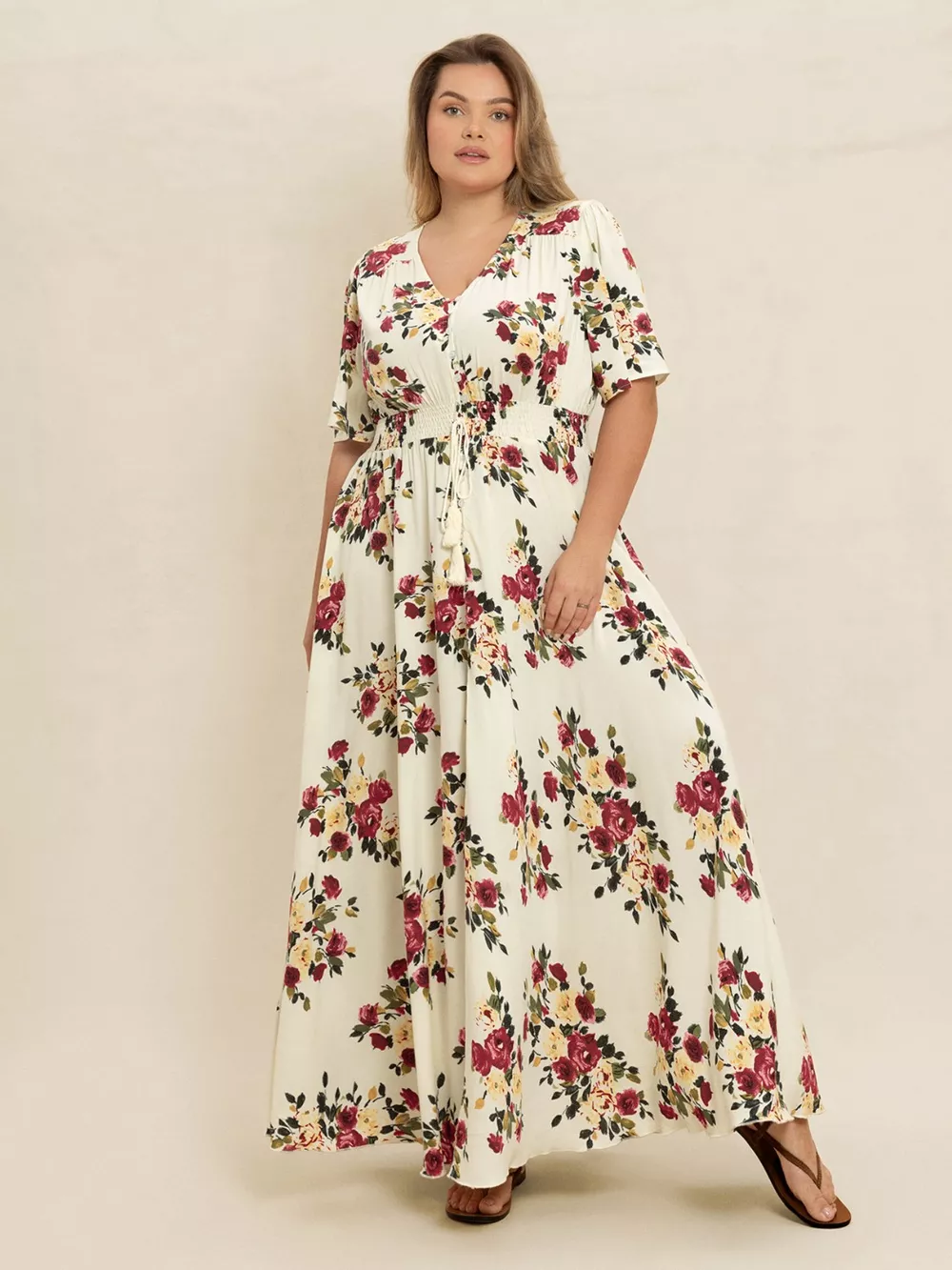 Plus Size Floral Flutter Sleeve Maxi Dress with Button Front, image 3