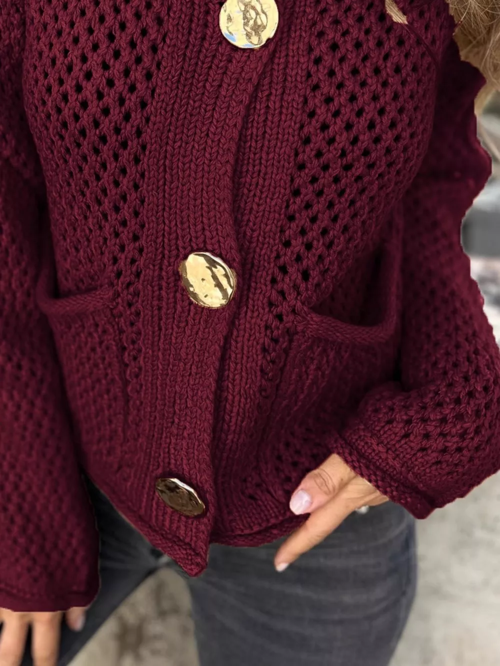 Crochet Button Up Long Sleeve Cardigan, image 11