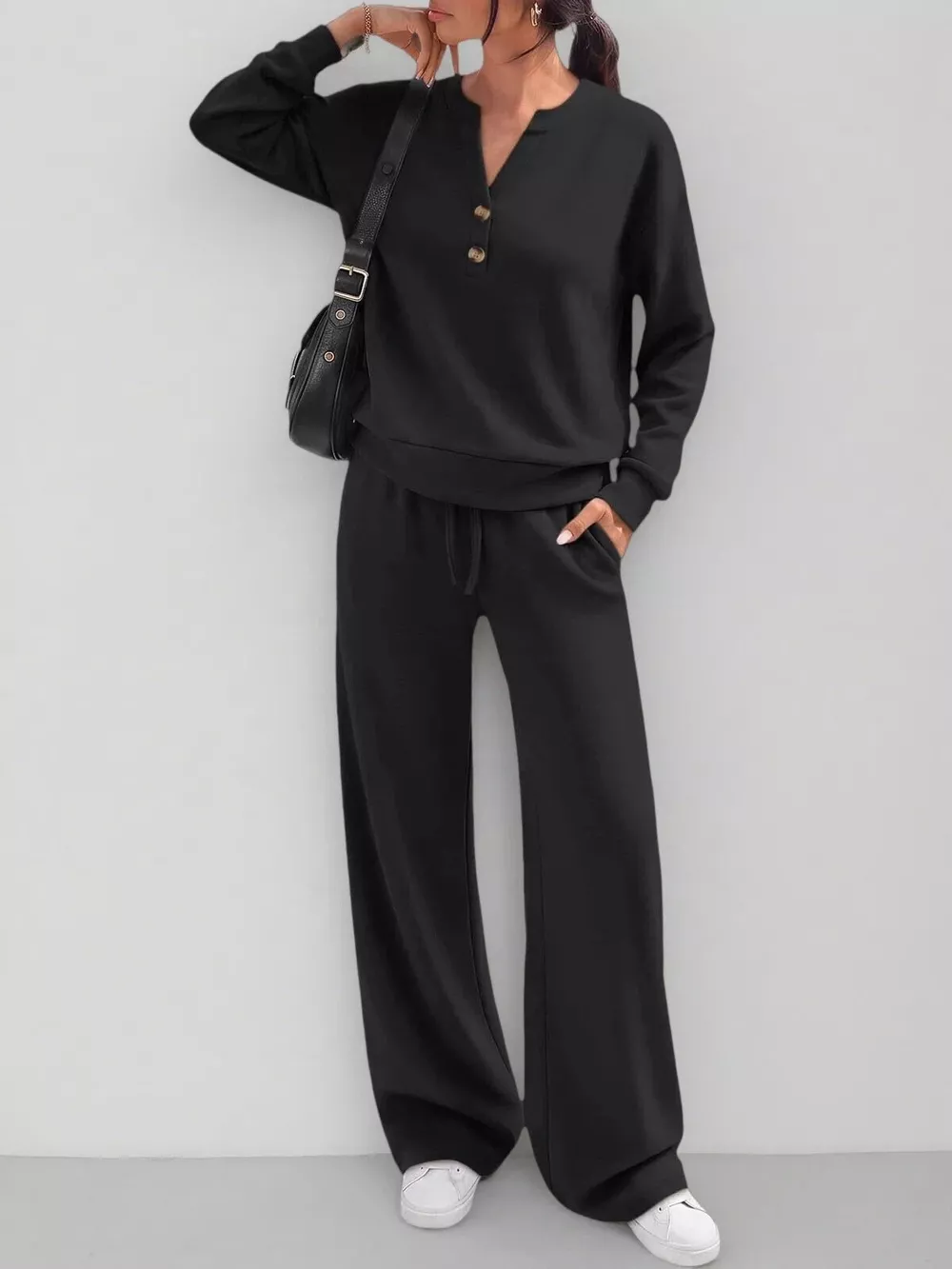Button Detail Dropped Shoulder Top and Pants Set, image 9