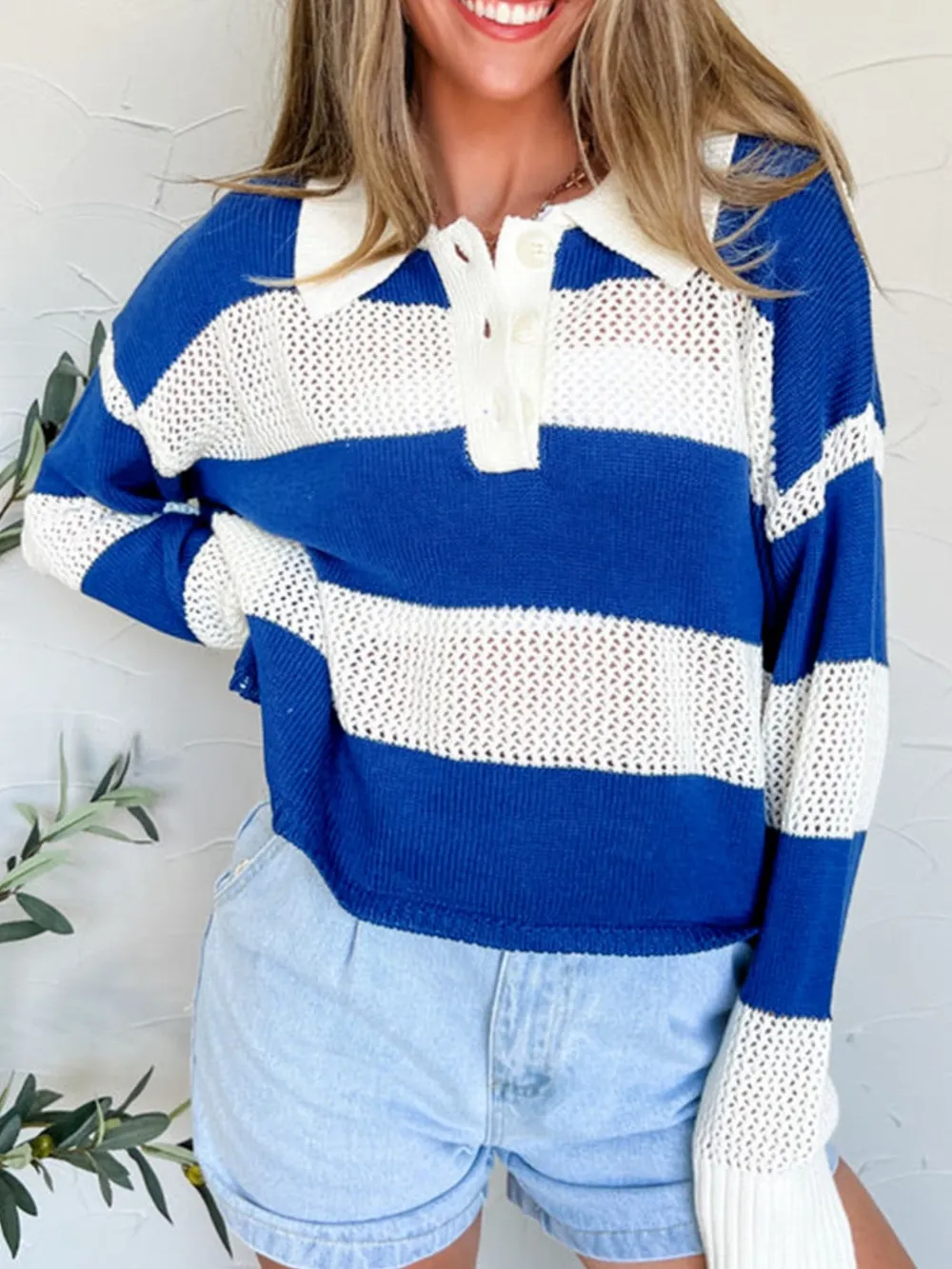 Stripe Colorblock Polo Collar Crochet Knitted Cover Up, image 5