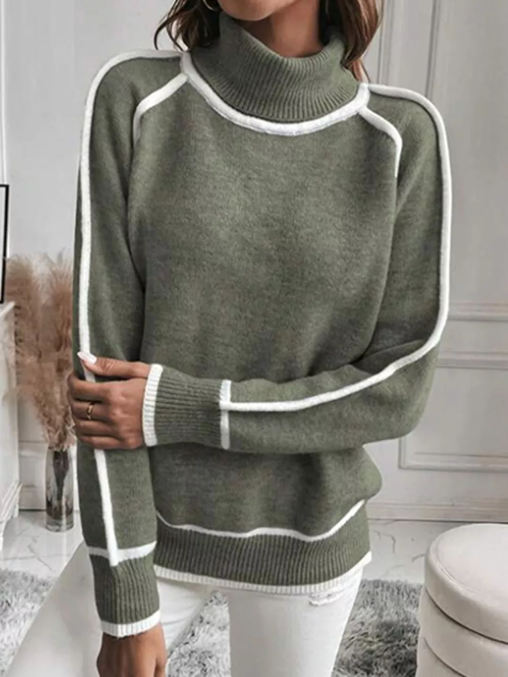 Full Size Contrast Trim Ribbed Hem Turtleneck Sweater Plus Size, image 3