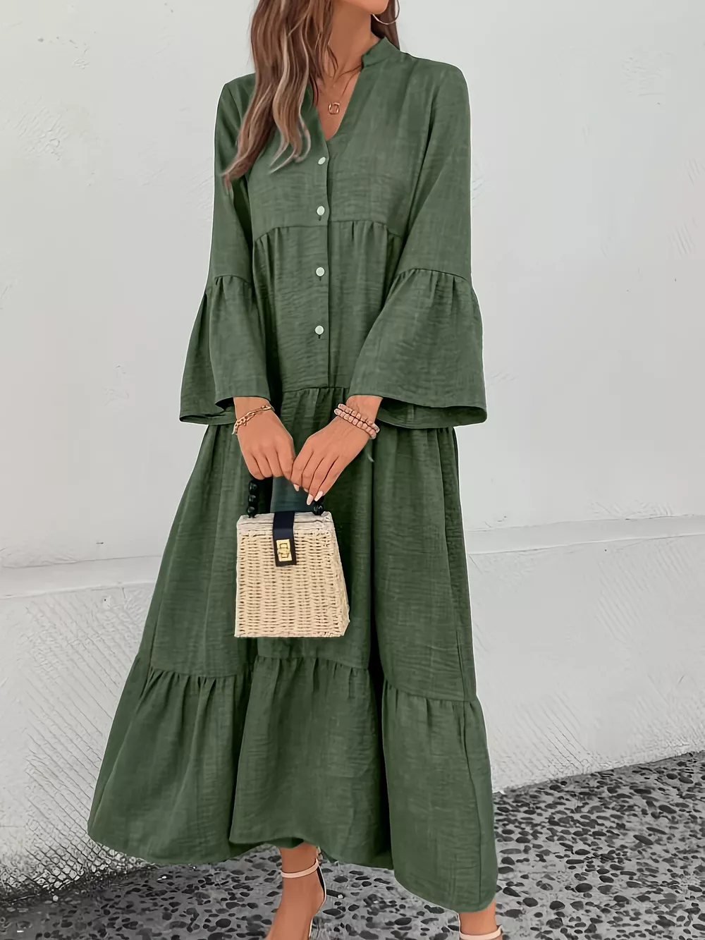 Button Front Tiered Midi Dress