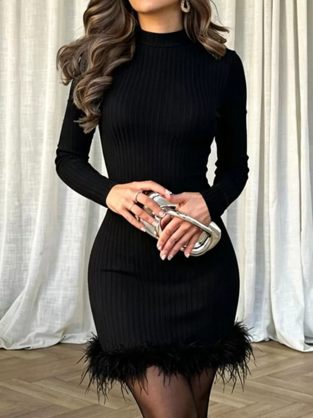 Ribbed Knit Bodycon Dress with Feather Trim, image 2