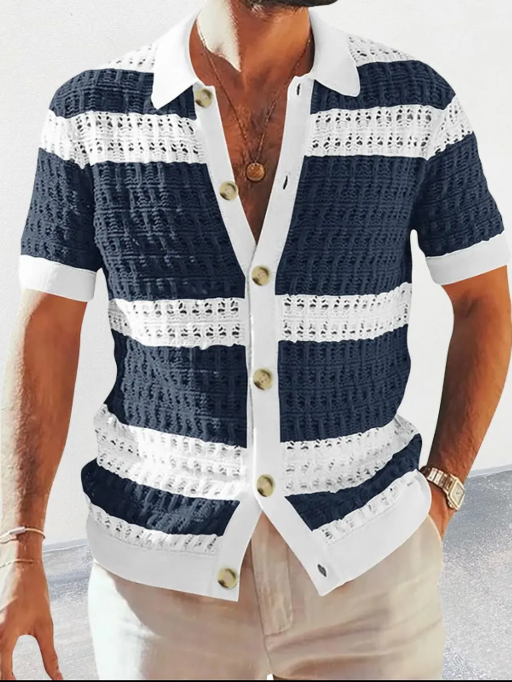 Men's Button Down Collared Neck Contrast Openwork Shirt, image 7