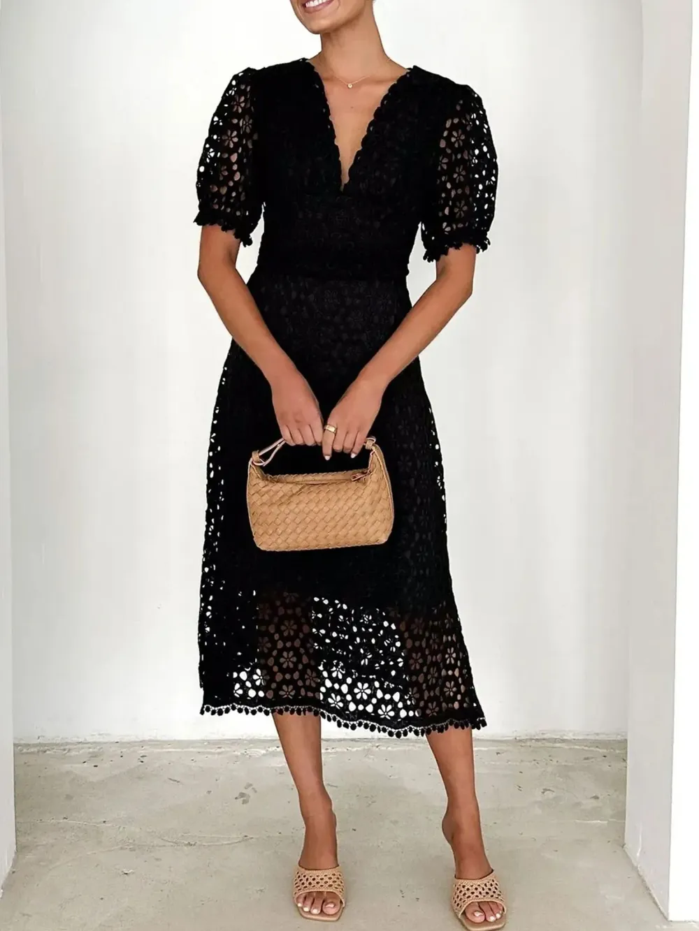 Eyelet Lace V-Neck Midi Dress with Puff Sleeves, image 9