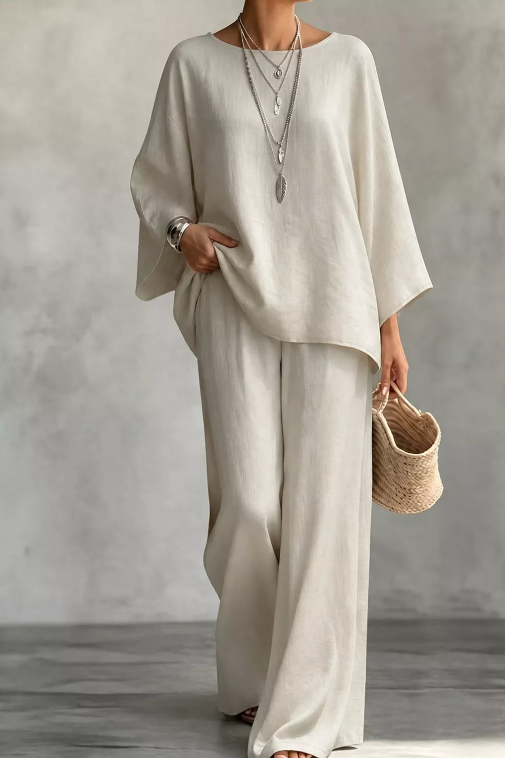 Linen Boat Neck Top and Wide-Leg Pants Set