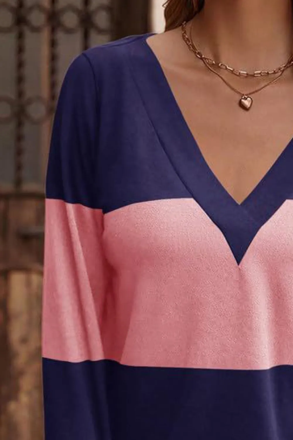 Decorative Button Contrast V-Neck Long Sleeve T-Shirt, image 7