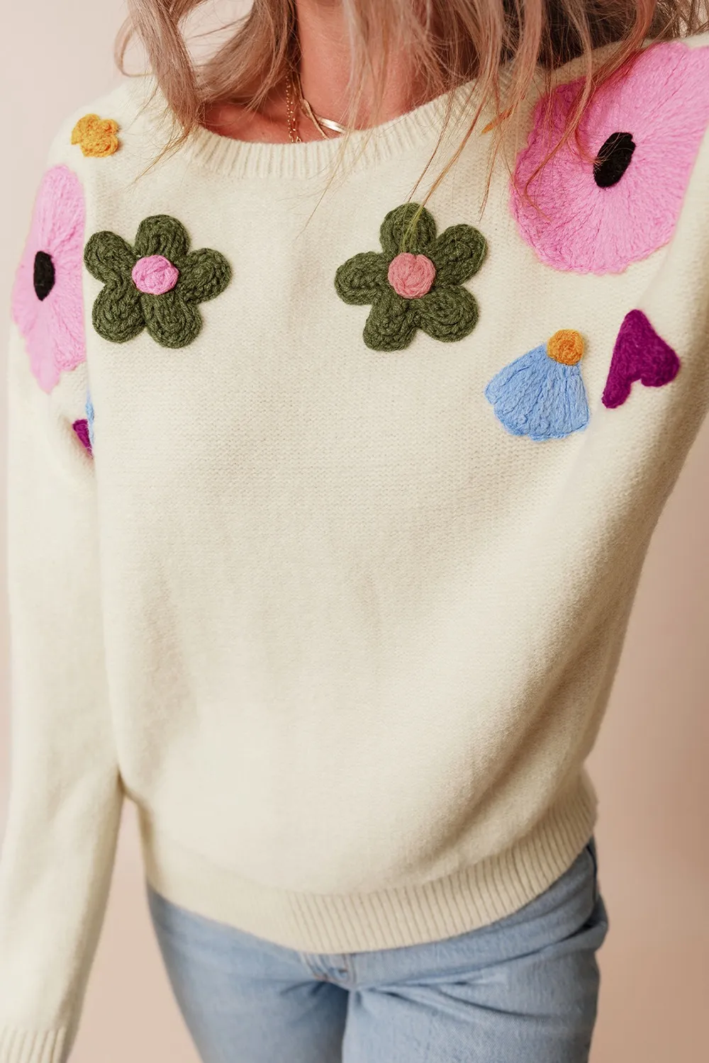 Crochet Flower Round Neck Dropped Shoulder Sweater, image 11