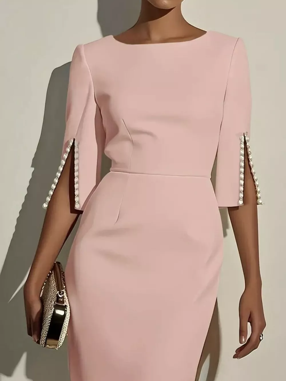 Slim-Fit Elegant Midi Dress with Beaded Slit Sleeve, image 3