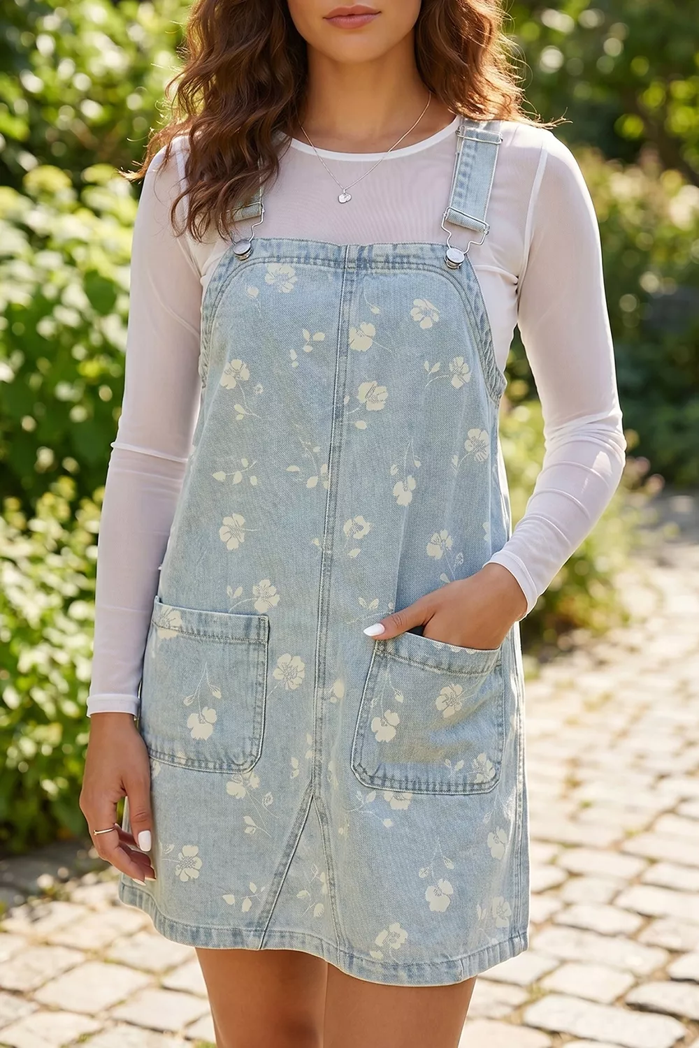 Wash Denim Floral Print Overall Mini Dress, image 2