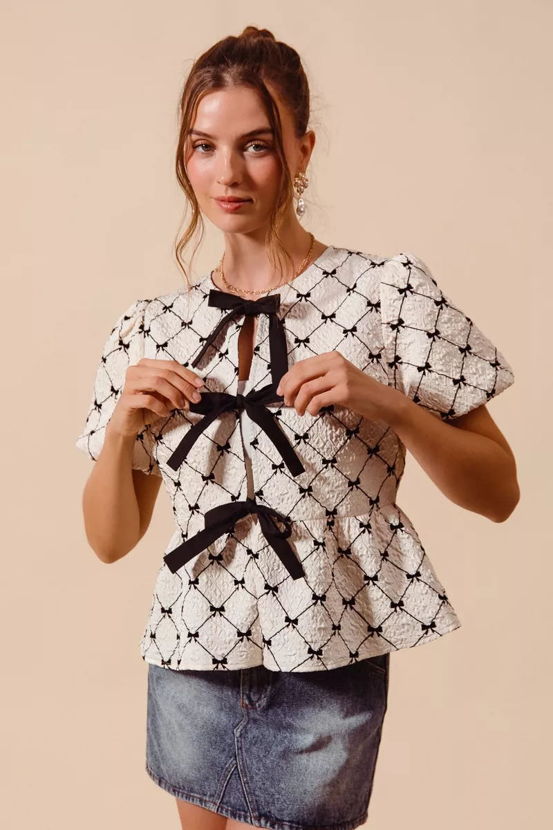 Bow Texture Woven Peplum Top With Contrast Tie, image 8
