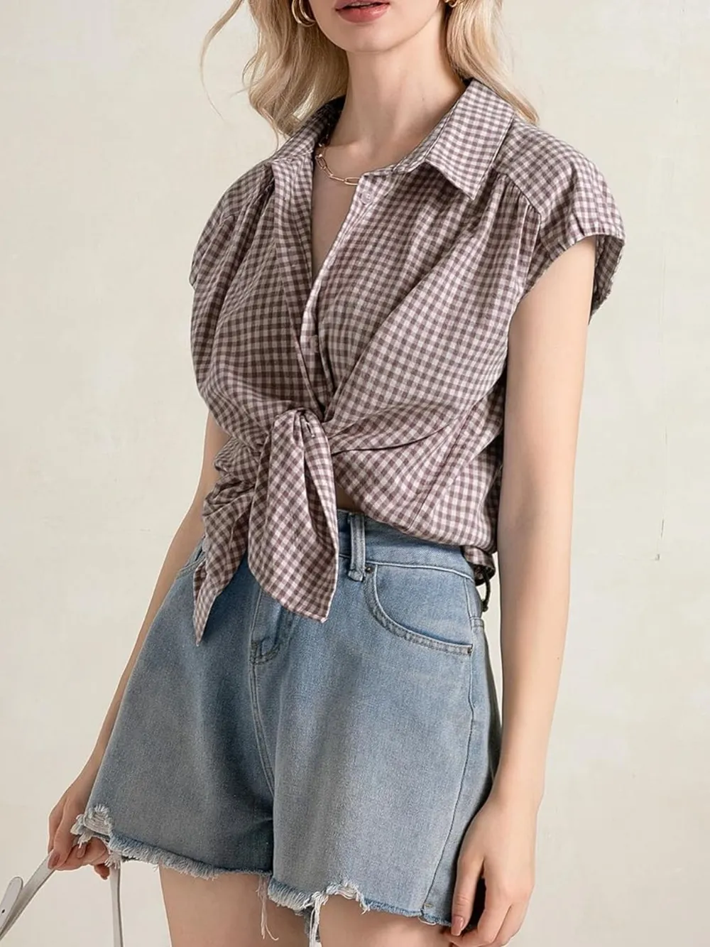 Plaid Button Up Cap Sleeve Shirt, image 9