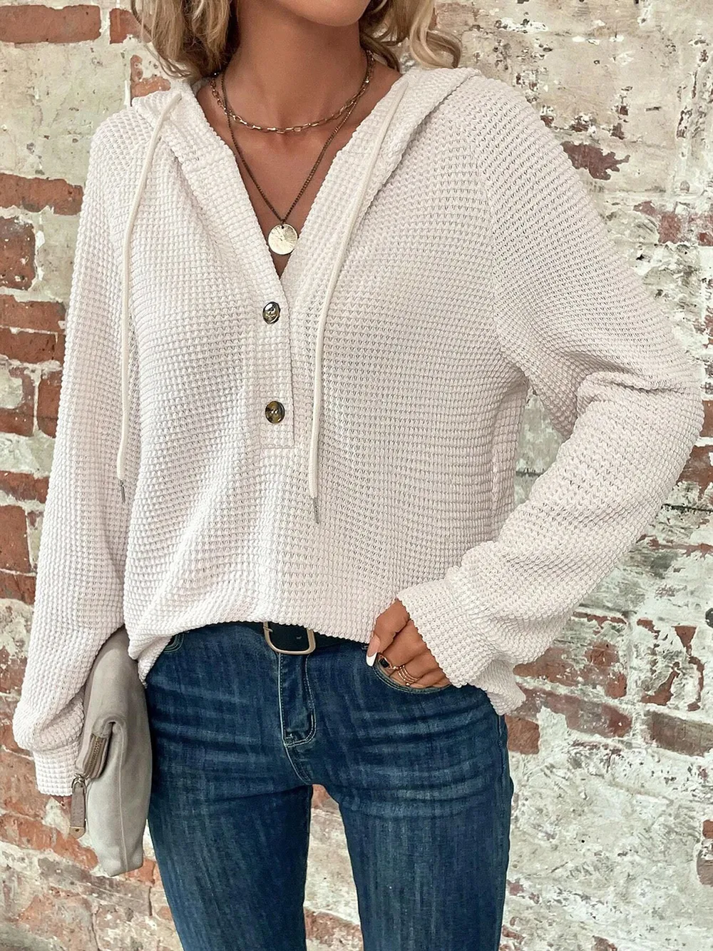 Waffle Knit Long Sleeve Drawstring Hooded Top, image 5