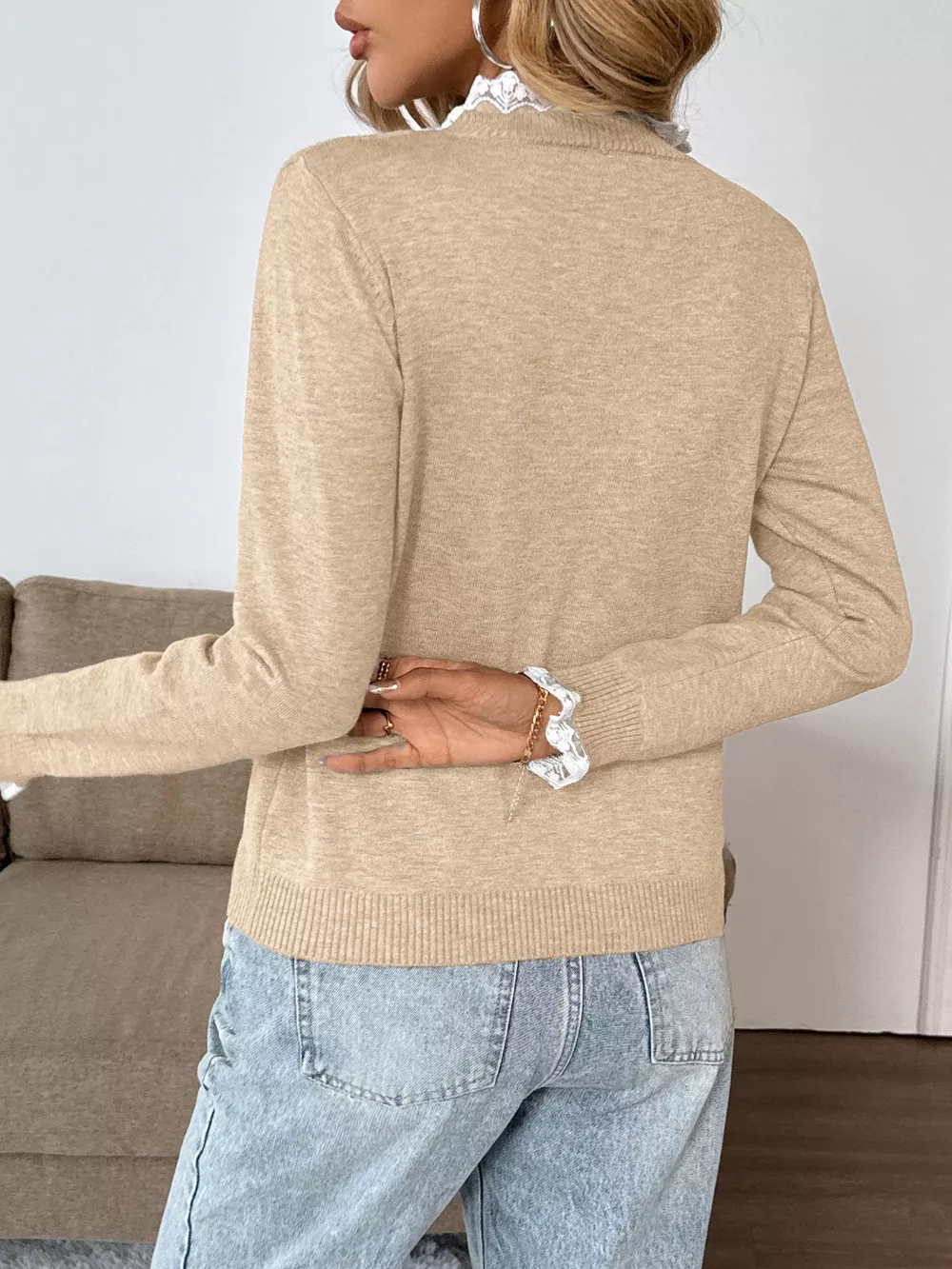 Lace Trim Button Detail Sweater, image 6