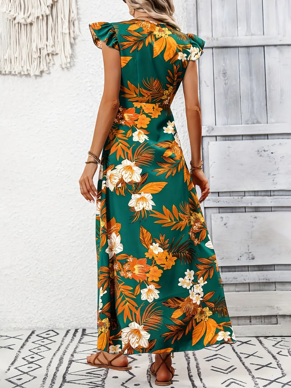 High-Low Printed Cap Sleeve Maxi Dress, image 6