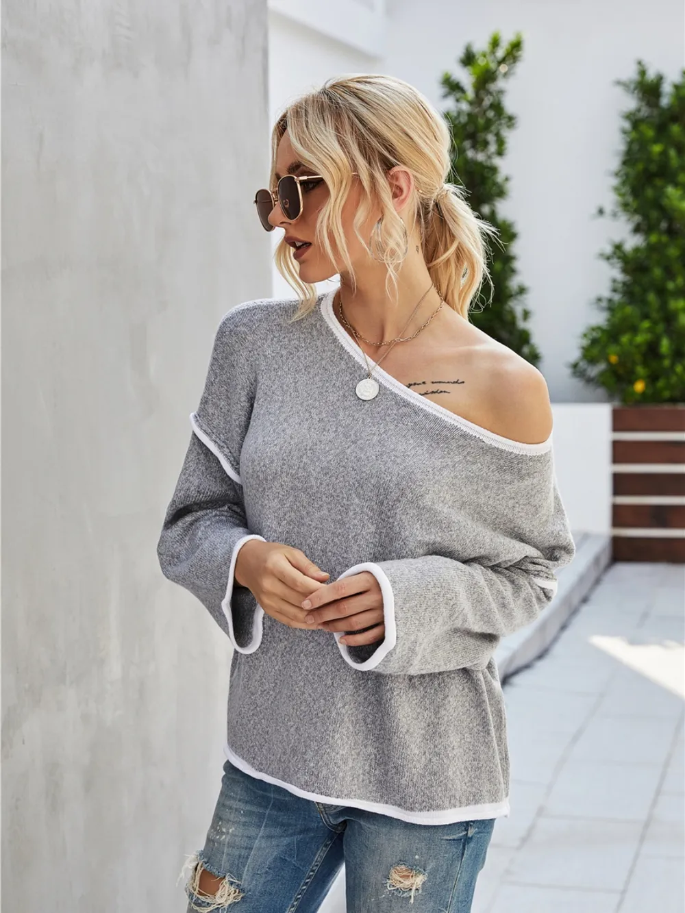 Boat Neck Dropped Shoulder Sweater, image 4