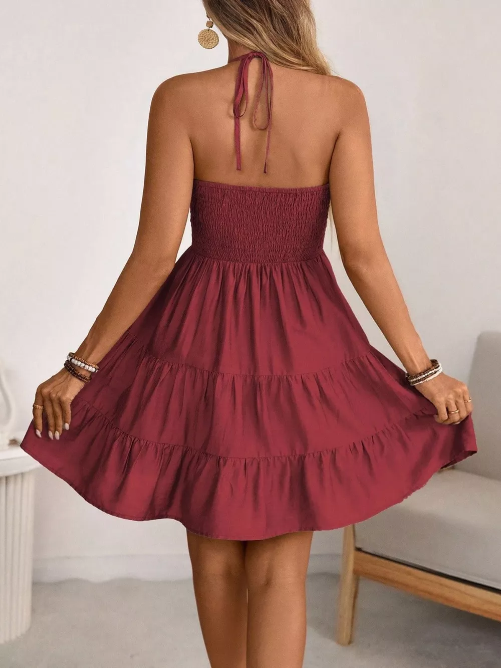 Smocked Halter Neck Tiered Dress, image 6