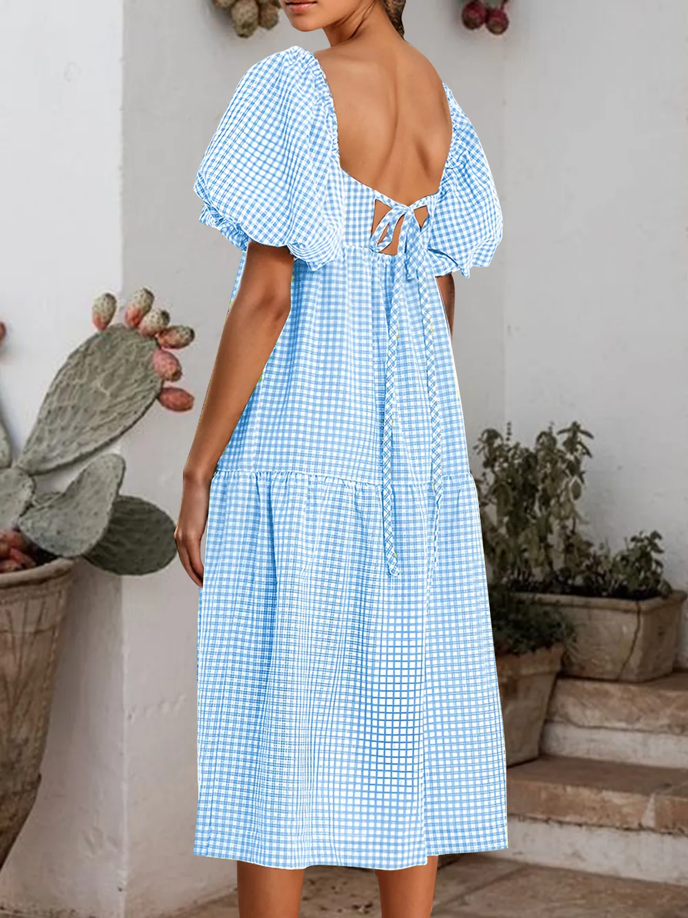 Plaid Square Neck Short Sleeve Dress, image 5