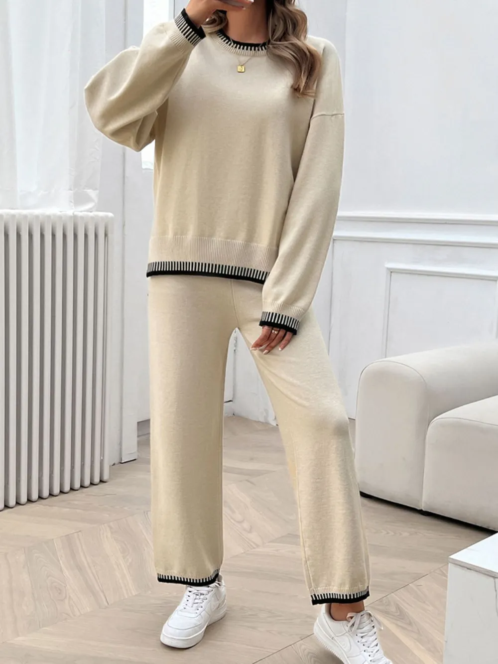 Round Neck Dropped Shoulder Top and Pants Sweater Set, image 11