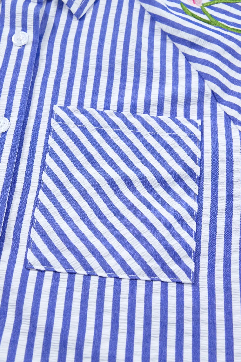 Striped Floral Embroidered Puff Sleeve Button Down Shirt, image 9