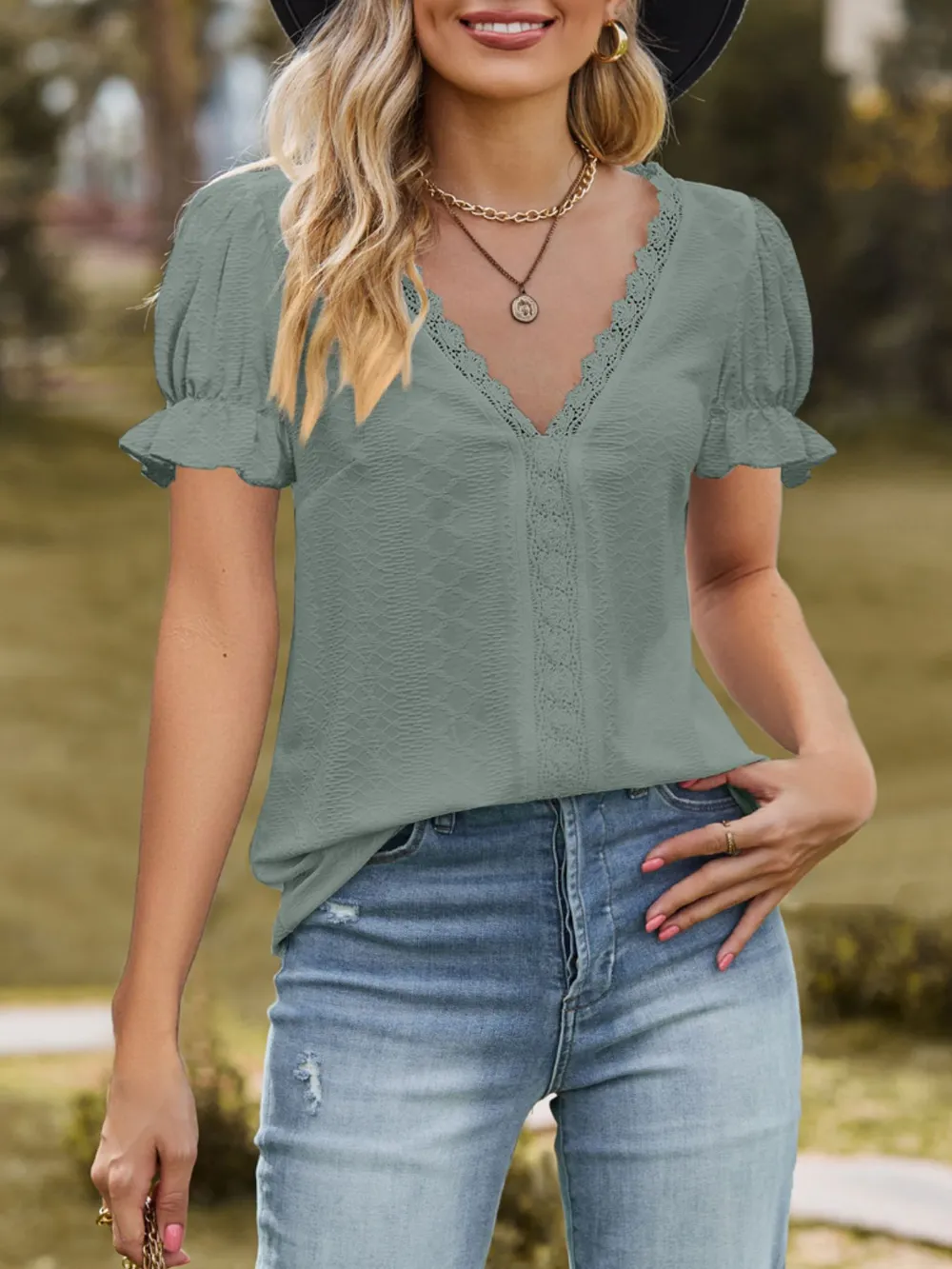 Lace Trim V-Neck Puff Sleeve Blouse, image 13