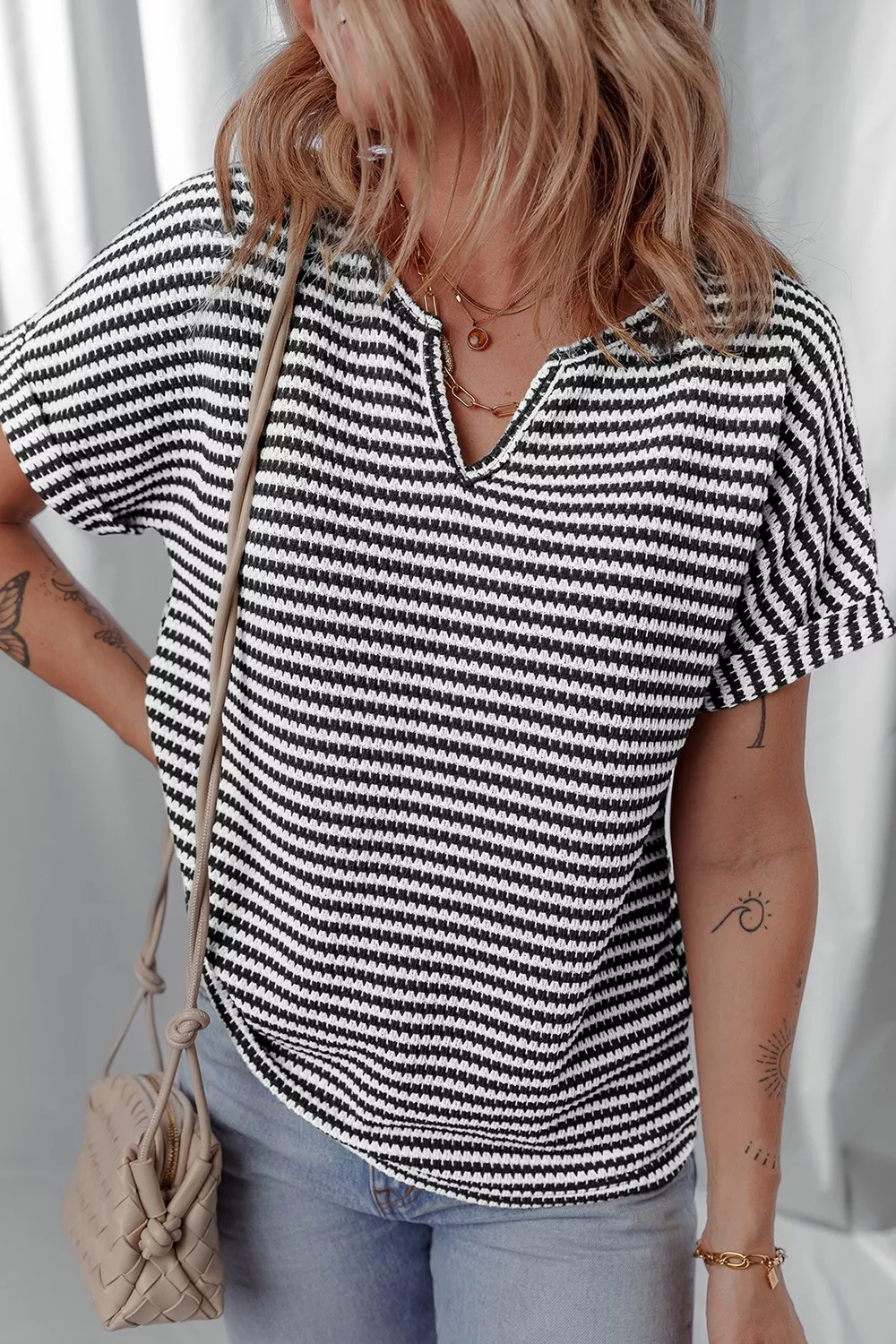 Stripe Textured Knit Notched Neck Cuffed Short Sleeve Top, image 4