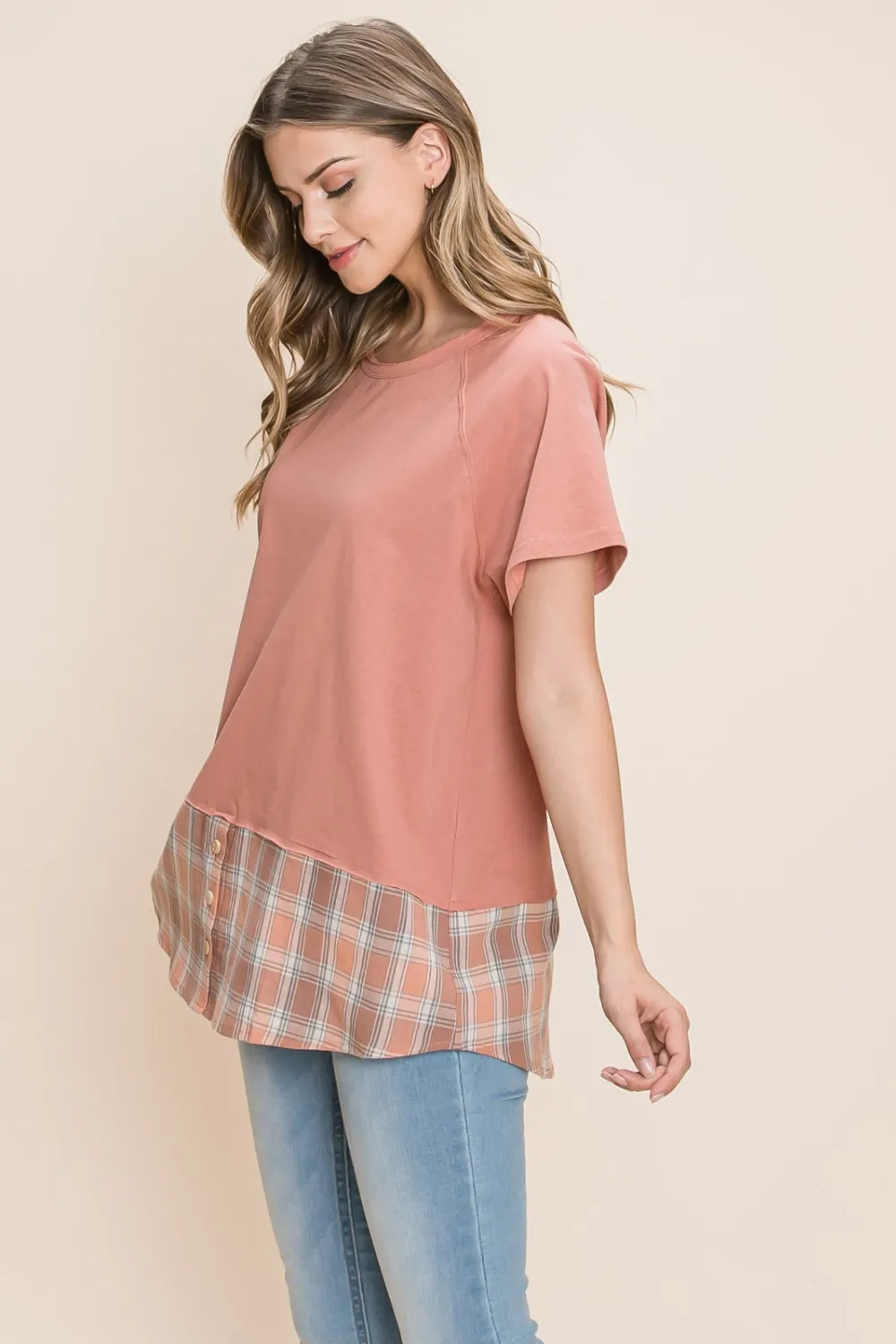 Cotton Bleu by Nu Lab Plaid Contrast Short Sleeve T-Shirt, image 3