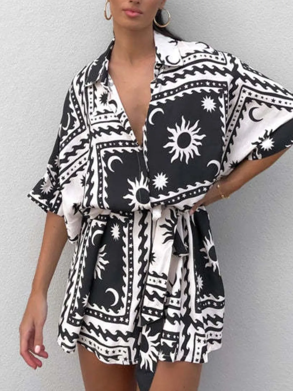 Printed Tie Waist Half Sleeve Romper, image 12