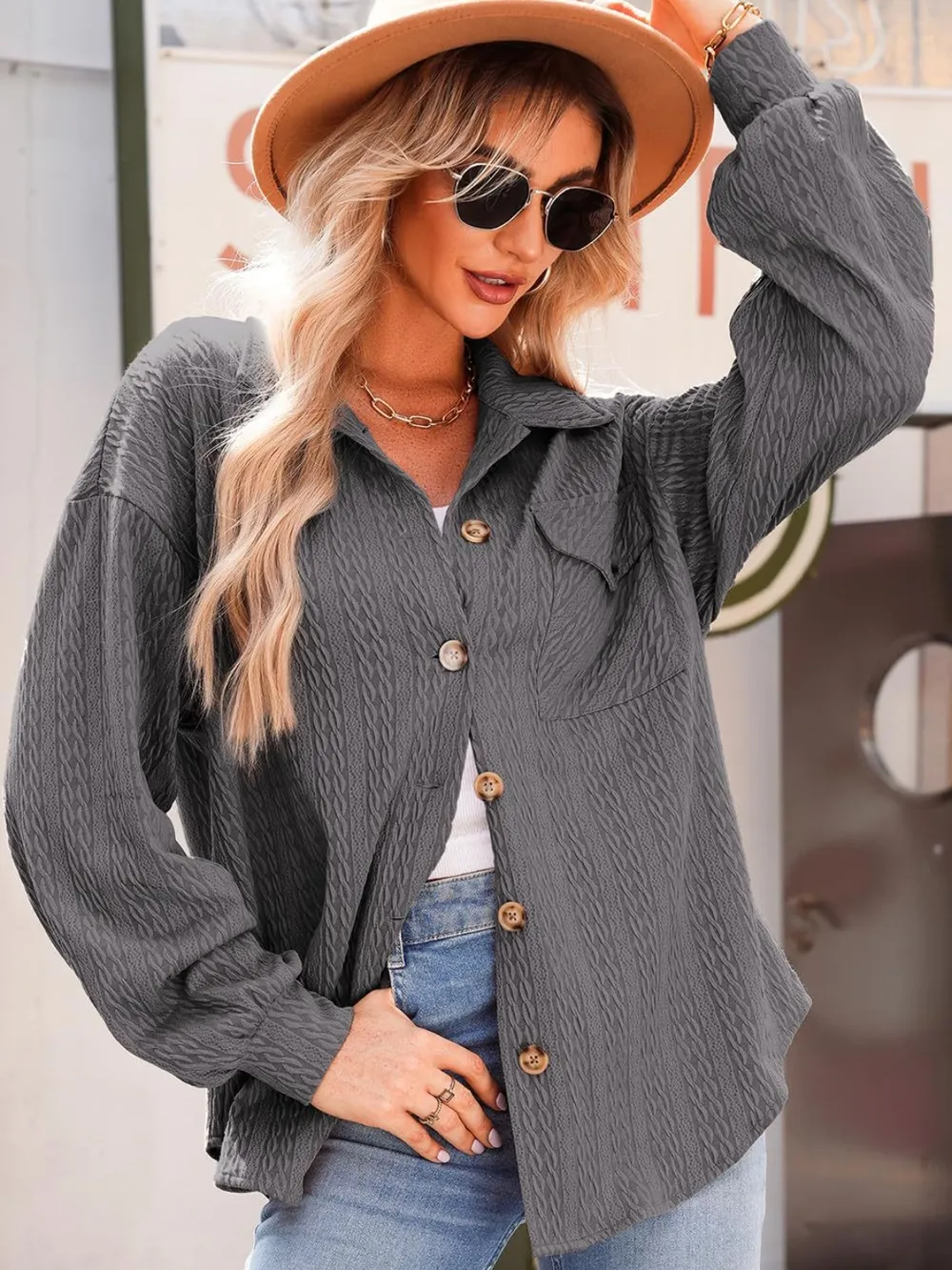 Textured Button Up Long Sleeve Shacket, image 5
