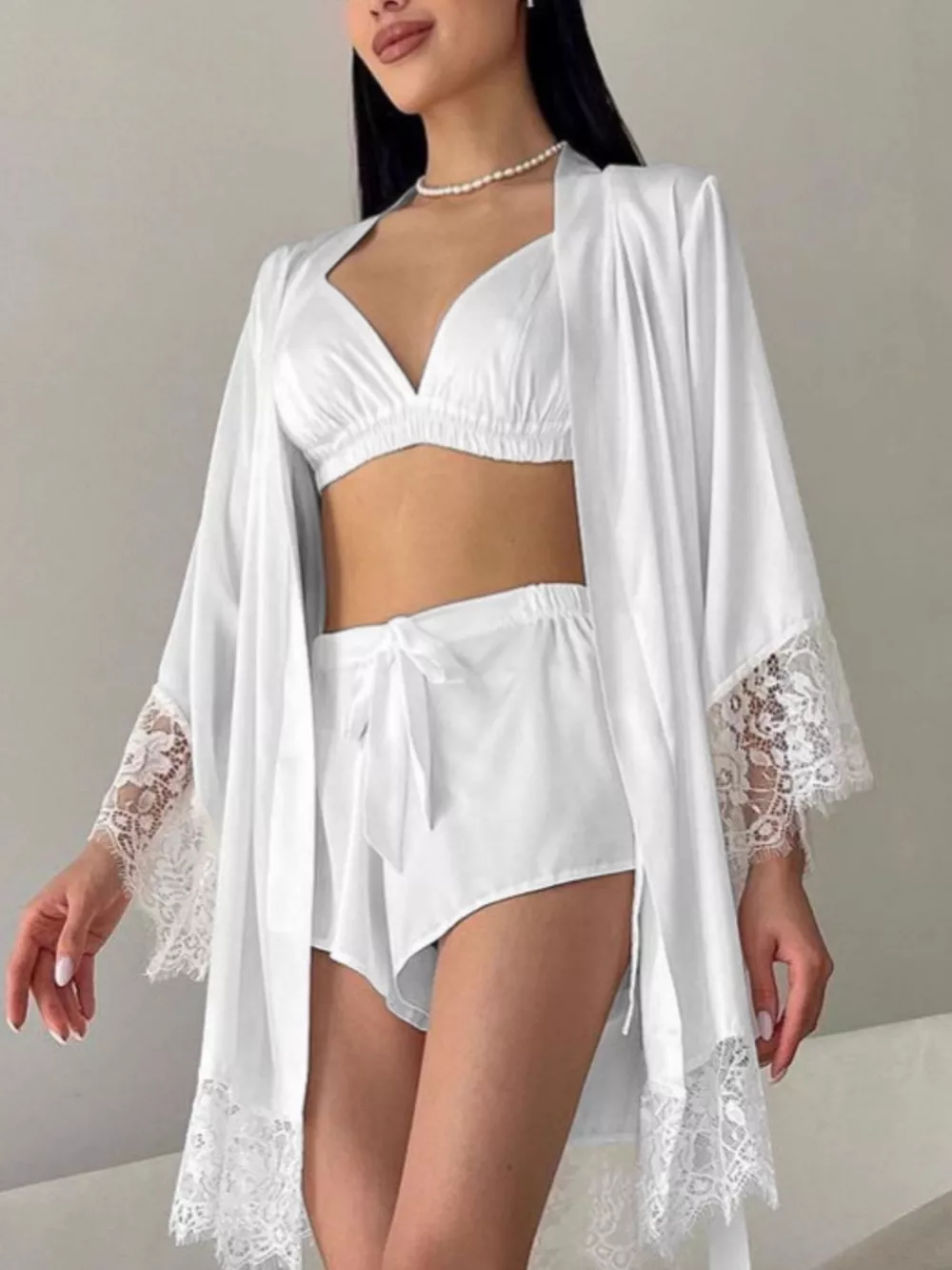Cami & Lace Trim Cardigan & Shorts Lounge Set, image 6