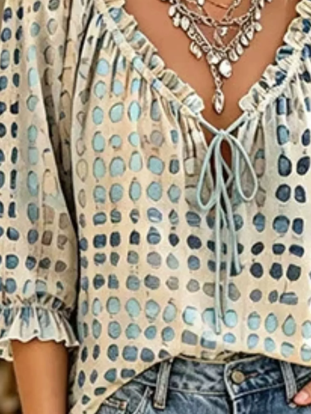 Full Size Tie Neck 3/4 Sleeve Blouse Plus Size, image 4