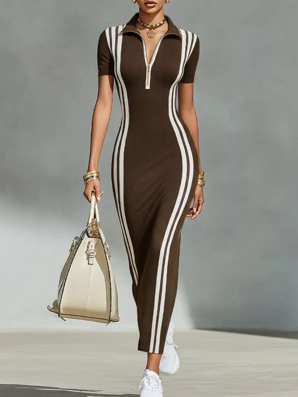 Full Size Contrast Stripes Short Sleeve Midi Dress Plus Size, image 6