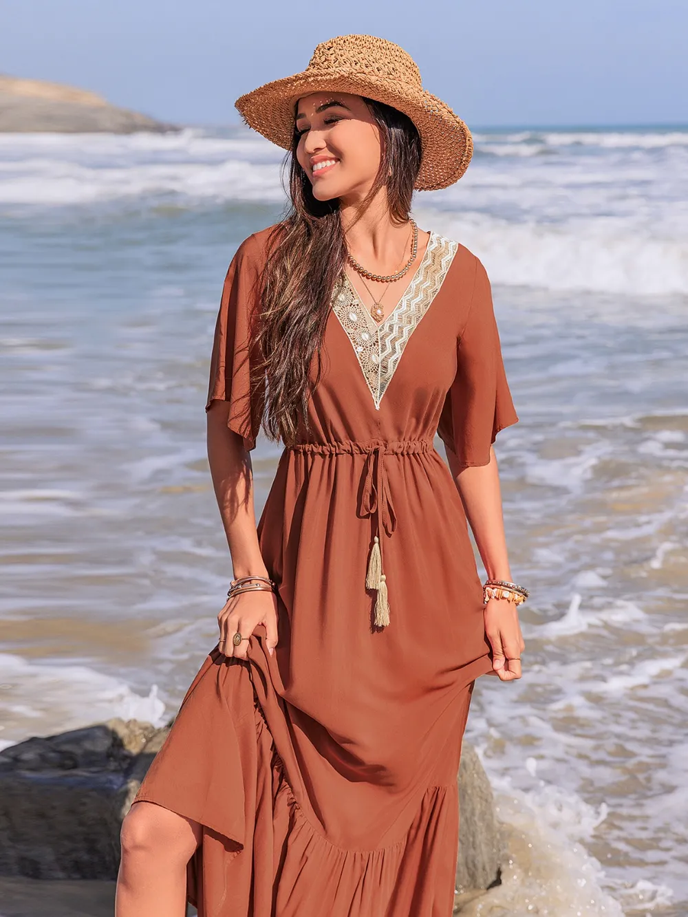 Ruffled Tassel V-Neck Flutter Sleeve Dress, image 5