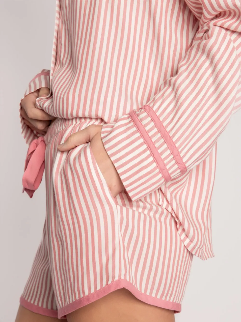 Striped Collared Neck Long Sleeve Top and Shorts Lounge Set, image 4