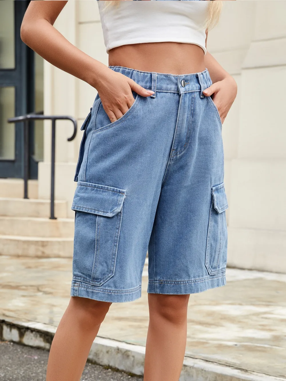High Waist Denim Shorts with Pockets, image 4
