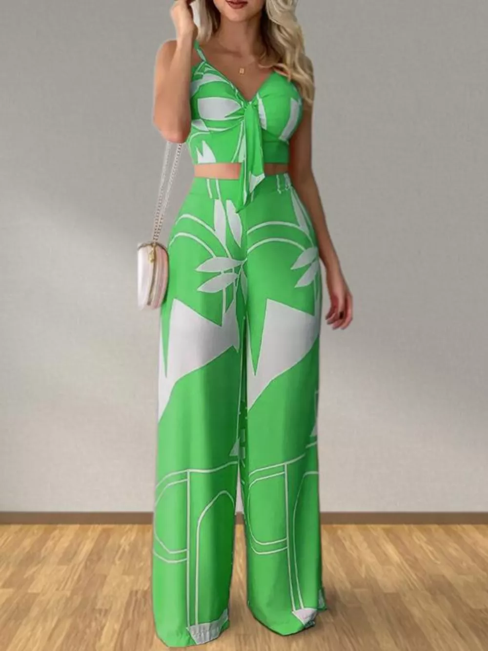 Tropical Print Spaghetti Strap Crop Top and Wide Leg Pants Set, image 4