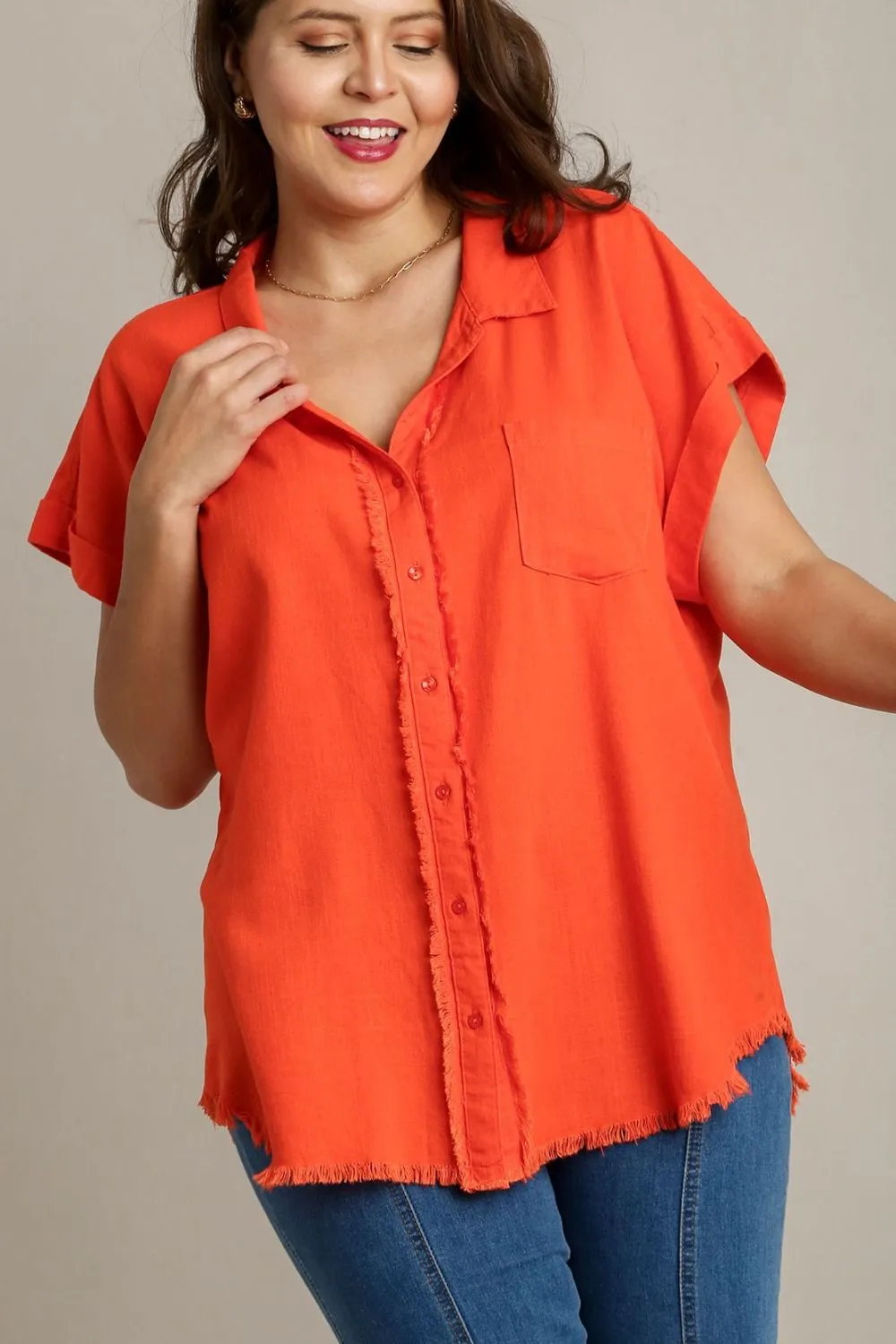 Full Size Linen Blend Button Down Short Folded Sleeve Shirt Plus Size, image 3