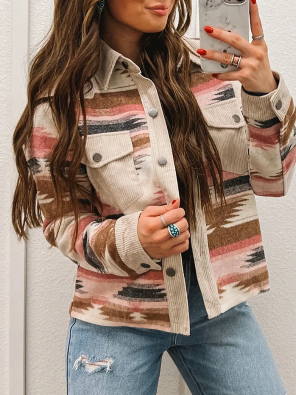 Corduroy Hem Striped Button-Up Jacket, image 2