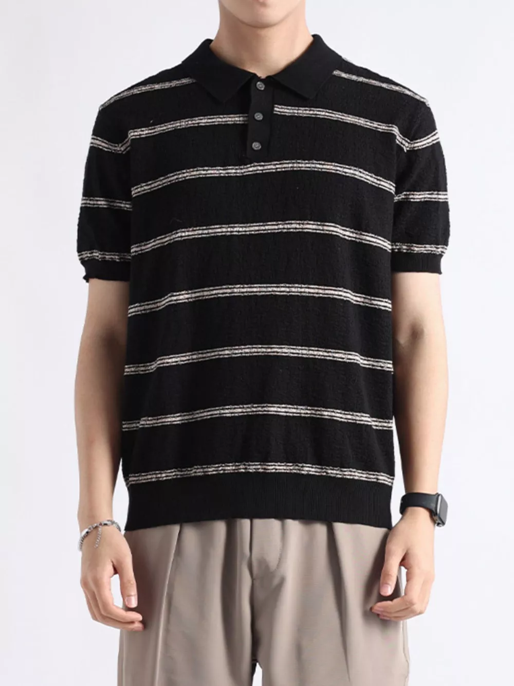 Men's Plus Size Striped Knit Button Detail Polo