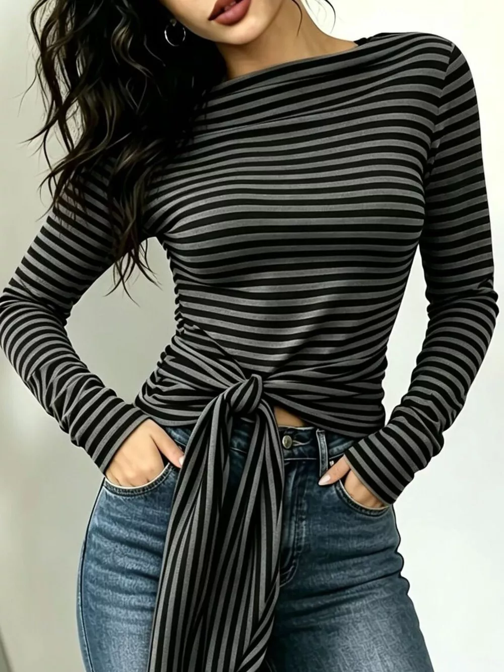 Long Sleeve Striped T-Shirt with Front Tie Detail, image 2