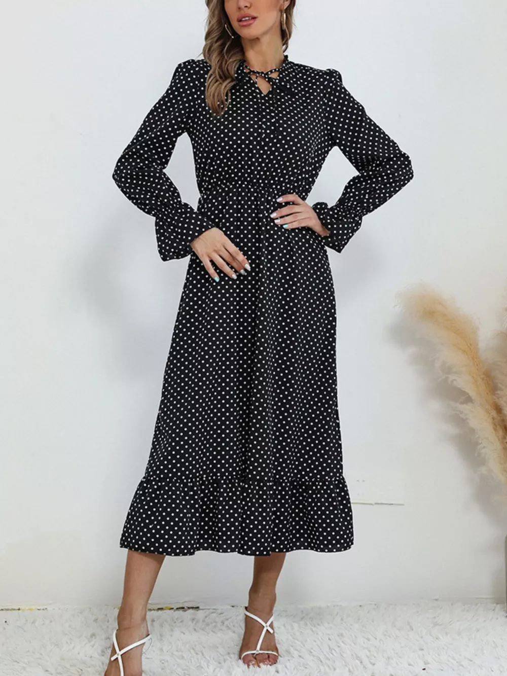 Polka Dot Ruffle Hem Midi Dress, image 3