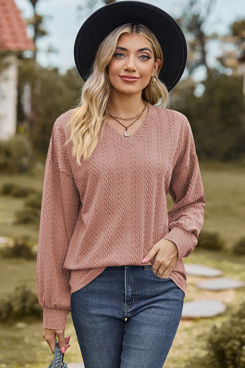 Textured V-Neck Dropped Shoulder T-Shirt, image 14