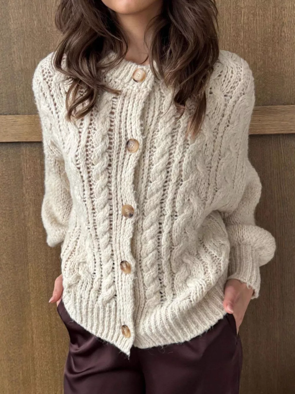 Cable Knit Button-Down Cardigan, image 3